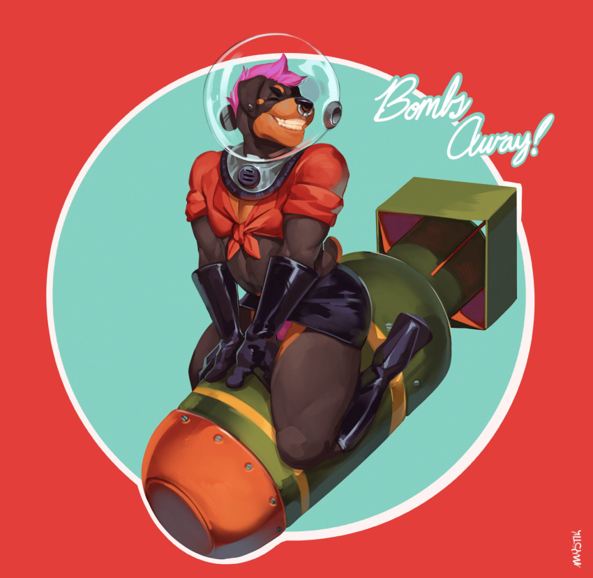 2019 anthro armwear bomb boots bottomwear bulge canid canine canis clothed clothing crop_top crossdressing domestic_dog ear_piercing elbow_gloves english_text explosives eyes_closed facial_piercing footwear girly gloves hair handwear hi_res high_heeled_boots high_heels male mammal mastiff mech_(mechpup) miniskirt molosser mystikfox61 nose_piercing nose_ring nuclear_bomb panties piercing rottweiler shirt shoes simple_background sitting skirt smile solo space_helmet teeth text tied_shirt topwear underwear