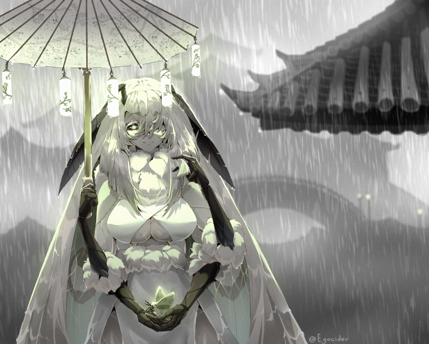 1girl absurdres black_sclera breasts bug egocider extra_arms eyebrows_visible_through_hair green_eyes hair_over_one_eye highres holding holding_umbrella insect insect_girl large_breasts long_hair looking_at_viewer monster_girl moth moth_girl oriental_umbrella original rain smile solo twitter_username umbrella underboob very_long_hair white_hair white_skin