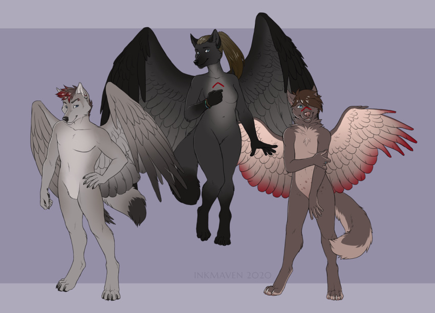 2020 4_toes 5_fingers anthro black_body black_feathers breasts brown_hair canid canine canis digital_media_(artwork) feathered_wings feathers featureless_breasts featureless_crotch female fingers hair inkmaven male mammal nude toes wings wolf