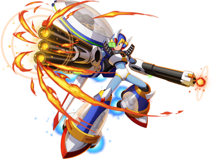 1boy android arm_cannon armor cannon gem gloves green_eyes gun helmet highres jet_boots machine_gun male_focus missile_pod mizuno_keisuke official_art rifle robot rocket_launcher rockman rockman_x rockman_x_command_mission rockman_x_dive scope scouter solo third-party_source transparent_background weapon x_(rockman)