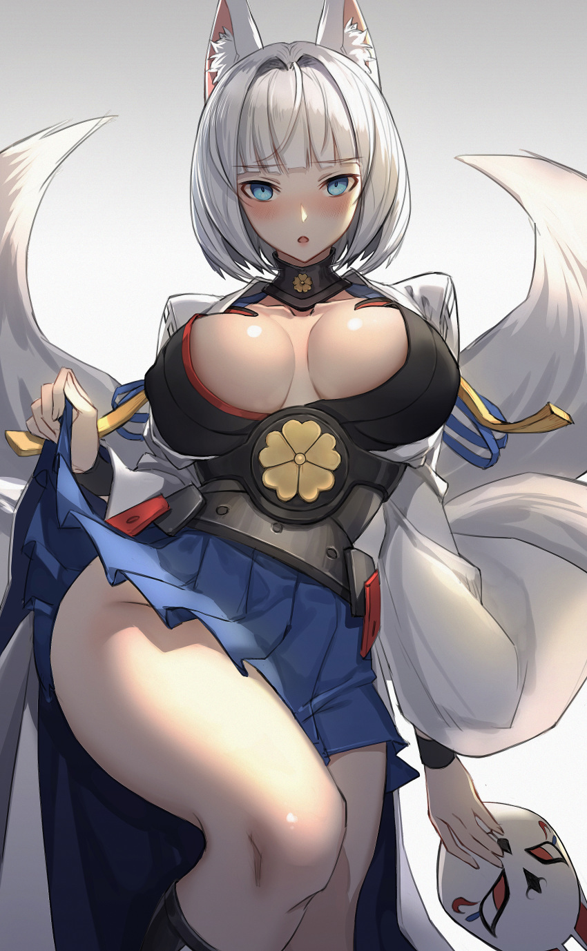 animal_ears azur_lane japanese_clothes kaga_(azur_lane) kitsune no_bra nopan open_shirt skirt_lift tail ye