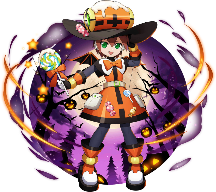 1girl aile bangs bat bodystocking bodysuit brown_hair candy dress food gloves green_eyes hair_between_eyes halloween halloween_costume hat highres jack-o'-lantern looking_at_viewer mizuno_keisuke official_art open_mouth robot_ears rockman rockman_x_dive rockman_zx short_hair skin_tight smile solo spandex third-party_source transparent_background tree wings witch_hat