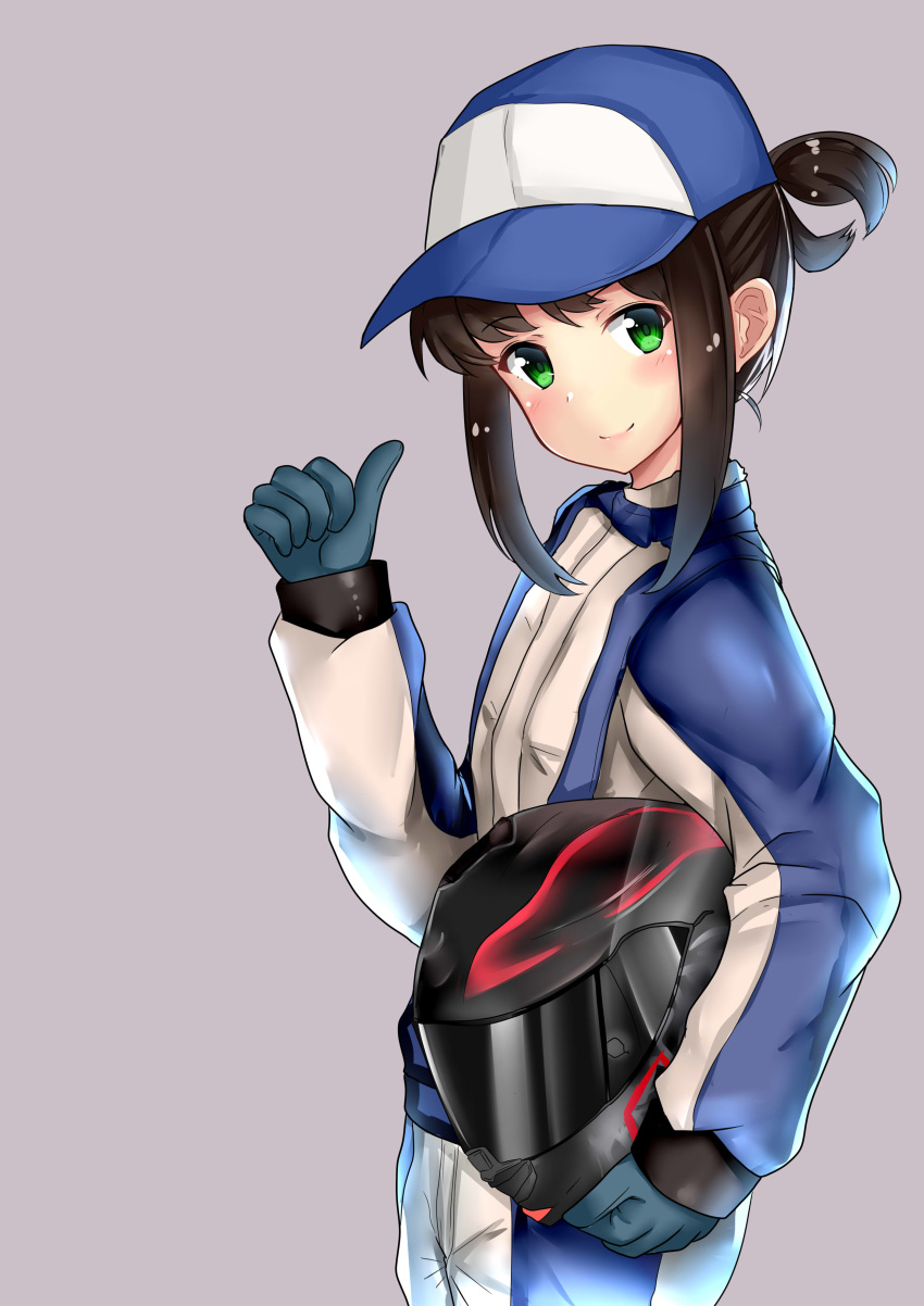1girl absurdres alternate_costume black_hair black_helmet blue_gloves character_name cowboy_shot fire_maxs fubuki_(kantai_collection) gloves green_eyes helmet highres holding holding_helmet kantai_collection looking_at_viewer low_ponytail official_alternate_costume pointing pointing_at_self purple_background racing_suit short_ponytail sidelocks simple_background smile solo