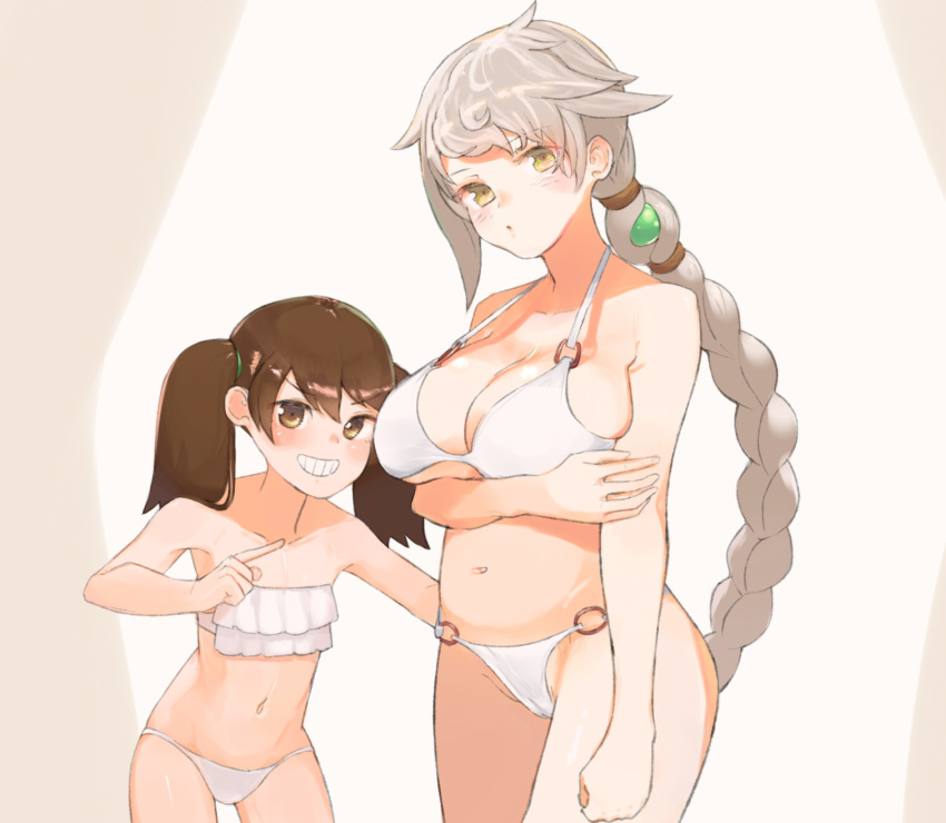 2girls arm_under_breasts asymmetrical_bangs bangs bikini blush braid breasts brown_eyes brown_hair bursting_breasts cameltoe co_botan collarbone cowboy_shot eyebrows_visible_through_hair frilled_bikini frills grin hair_ornament highres kantai_collection large_breasts long_hair multiple_girls navel o-ring o-ring_bikini ryuujou_(kantai_collection) silver_hair single_braid smile swimsuit twintails unryuu_(kantai_collection) very_long_hair white_bikini yellow_eyes