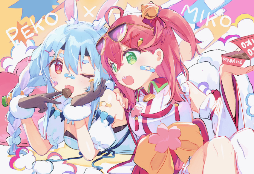 2girls ahoge animal_ears bandage_on_face bandages bandana bell black_bandana blue_hair box_of_chocolates braid brown_gloves bunny_ears candy carrot_hair_ornament character_name colorful commentary detached_sleeves dress eating feet_out_of_frame food food_themed_hair_ornament fur_gloves gloves green_eyes hair_bell hair_ornament hairclip highres holding holding_candy holding_food hololive long_hair lying lying_on_another medium_hair multicolored_hair multiple_girls nontraditional_miko obi on_stomach one_eye_closed open_mouth pink_hair puffy_sleeves red_eyes red_hair sakura_miko sash sidelocks sitting tagme twin_braids upper_teeth usada_pekora virtual_youtuber white_dress white_hair wide_sleeves x_hair_ornament zuho_(vega)