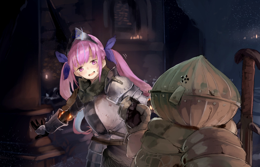 1boy 1girl animal_ears armor belt bracer breastplate candle cat_ears colored_inner_hair dark_souls_iii dim_lighting gauntlets highres hololive indoors kase_(kurimuzone_oruta) long_hair looking_at_another minato_aqua multicolored_hair pauldrons pillar pink_eyes pink_hair planted_sword planted_weapon shoulder_armor siegward_of_catarina smile souls_(from_software) stone_floor sword twintails two-tone_hair vambraces virtual_youtuber waving_arm weapon