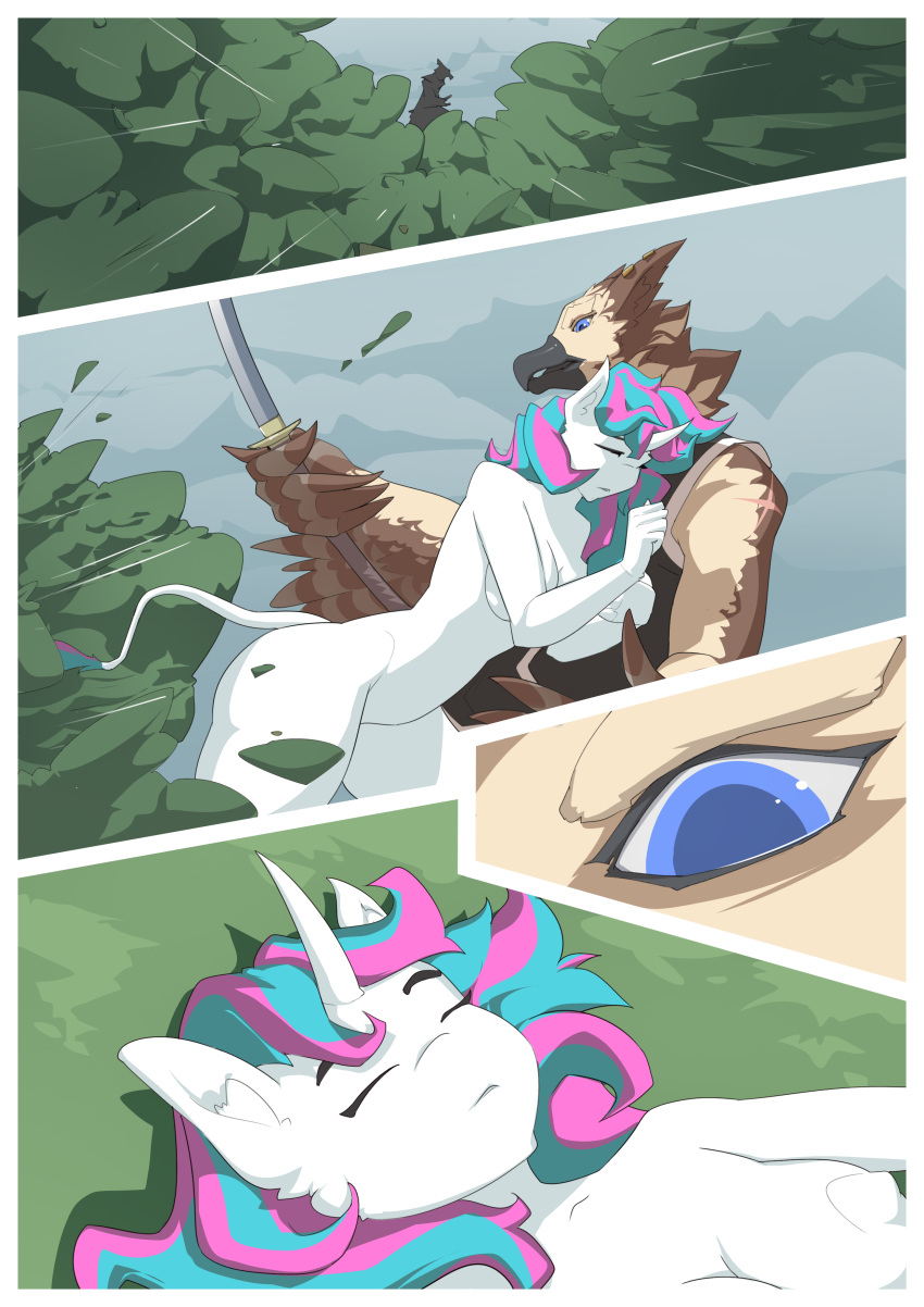 absurd_res anthro avian breasts collision comic duo equid equine female gryphon hi_res horn male mammal mythological_avian mythology nodachi nude okata plant shrub surprise tackle tail_tuft thick_thighs tuft unconscious unicorn winged_arms wings