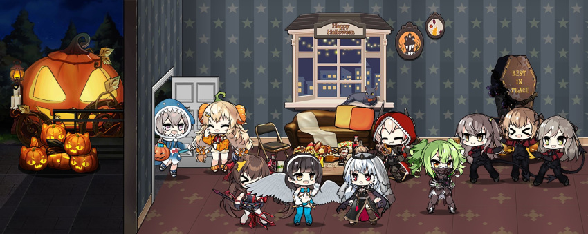 &gt;_&lt; 6+girls adeptus_mechanicus angel angel_wings animal_costume animal_hood beer_bottle black_dress black_gloves black_hair black_legwear blonde_hair blue_legwear breasts brown_eyes brown_hair candle candy carriage cat cerberus_(helltaker) cerberus_(helltaker)_(cosplay) chair chibi closed_eyes coffin commentary cosplay costume couch crossover demon demon_horns demon_tail door doorway doughnut dress eating english_commentary english_text figure food food_themed_hair_ornament gas_mask gawr_gura gawr_gura_(cosplay) girls_frontline gloves green_hair grey_hair hair_ornament hairband hairclip halloween hands_on_hips hat headgear helltaker highres hololive hololive_english hood hoodie horns indoors jack-o'-lantern lamppost long_hair m200_(girls_frontline) m4_sopmod_ii_(girls_frontline) m950a_(girls_frontline) mask messy_hair momosuzu_nene momosuzu_nene_(cosplay) mori_calliope mori_calliope_(cosplay) multicolored_hair multiple_girls navel nut_(food) one_side_up open_mouth outdoors painting_(object) pillow polearm pumpkin pumpkin_hair_ornament purple_eyes qbz-95_(girls_frontline) qbz-97_(girls_frontline) red_eyes red_hair robe s.a.t.8_(girls_frontline) salad sangvis_ferri scar scar_across_eye scarecrow_(girls_frontline) scarecrow_(girls_frontline)_(cosplay) shark_costume shark_hood silver_hair smile soda_bottle spikes sprite_art standing star_(symbol) streaked_hair table tail the_mad_mimic thunder_(girls_frontline) tiara trident trio twintails ump40_(girls_frontline) ump45_(girls_frontline) ump9_(girls_frontline) veil very_long_hair virtual_youtuber warhammer_40k weapon white_gloves white_hairband window wings yellow_eyes