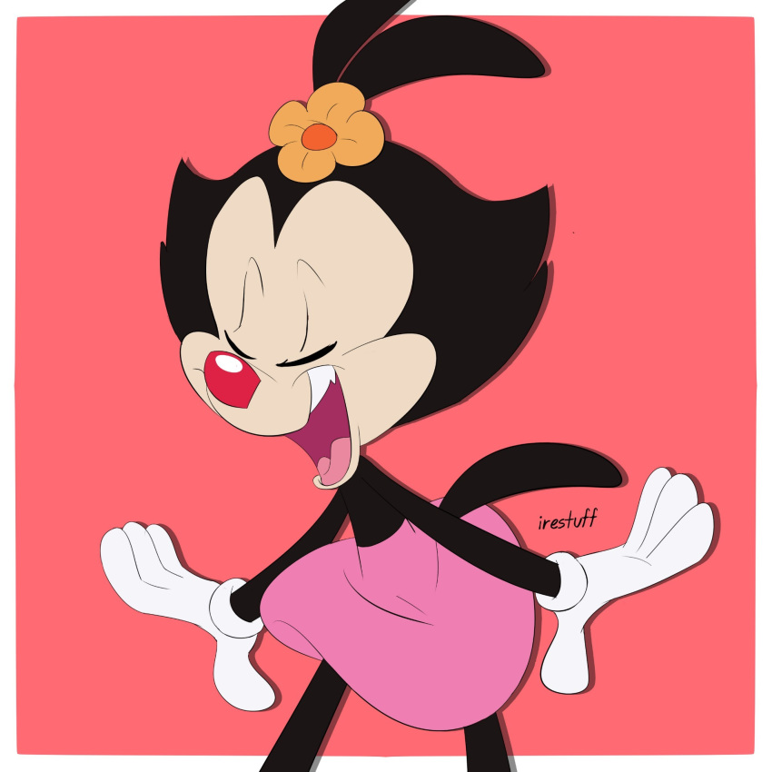 1:1 2020 4_fingers accessory animaniacs animaniacs_(2020) anthro artist_name black_body black_fur border bottomwear clothing digital_drawing_(artwork) digital_media_(artwork) dot_warner eyes_closed female fingers flower flower_in_hair fur gloves hair hair_accessory handwear hi_res inkblot irestuff mammal open_mouth open_smile pink_bottomwear pink_clothing pink_skirt plant red_background red_nose simple_background skirt smile solo standing warner_brothers white_border white_clothing white_gloves