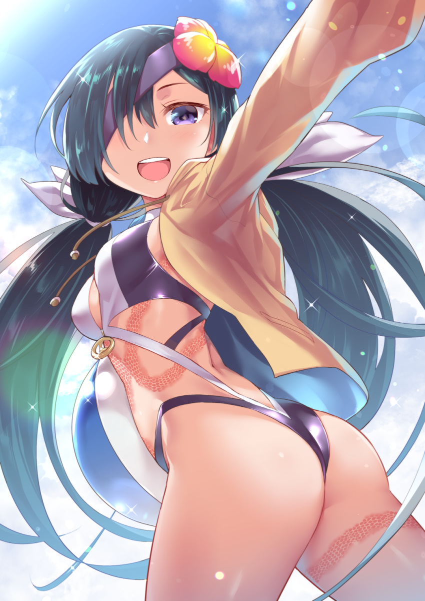 1girl ass ball beachball dark_green_hair eyepatch fate/grand_order fate_(series) flower hair_flower hair_ornament highres long_hair low_twintails mochizuki_chiyome_(fate/grand_order) ono_misao purple_eyes smile snake_tattoo swimsuit twintails