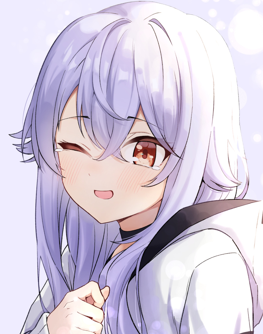 1girl ;d azuma_lim azuma_lim_channel bangs blush commentary_request crossed_bangs eyebrows_visible_through_hair hair_between_eyes highres hood hood_down long_hair long_sleeves one_eye_closed open_mouth purple_hair red_eyes smile solo syhan tearing_up upper_body virtual_youtuber