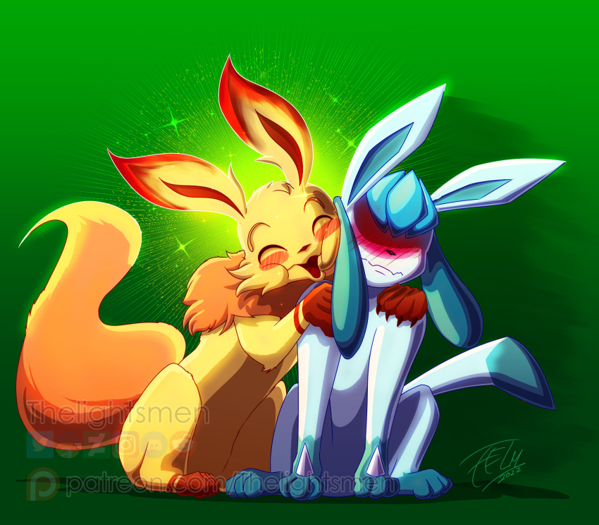 blue_body blush cute_expression duo ears_up eeveelution embarrassed embrace feral flareon fusion glaceon gradient_background happy hi_res hug male male/male nintendo pok&eacute;mon pok&eacute;mon_(species) pok&eacute;mon_fusion shy silly_face simple_background spikes tail_motion tailwag thelightsmen video_games yellow_body