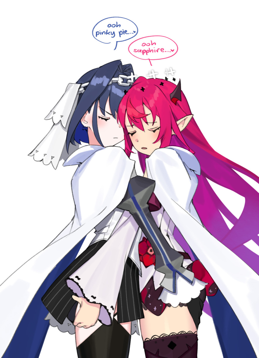 2girls black_hair black_thighhighs blue_hair cape closed_eyes colored_inner_hair commentary dasdokter english_commentary english_text from_side hair_intakes halo hands_on_another's_ass head_chain highres hololive hololive_english horns hug irys_(hololive) irys_(irys_2.0)_(hololive) jewelry long_hair long_sleeves multicolored_hair multiple_girls ouro_kronii ouro_kronii_(1st_costume) pink_hair pointy_ears short_hair simple_background speech_bubble thighhighs two-tone_hair veil very_long_hair virtual_youtuber white_background white_cape wide_sleeves yuri