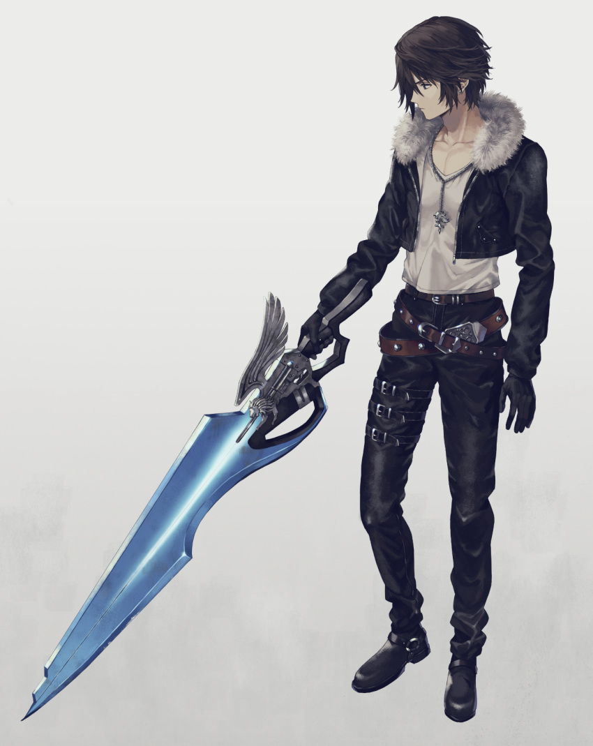 1boy 234_(1234!) belt_buckle black_footwear black_gloves black_jacket brown_hair buckle collarbone cropped_jacket final_fantasy final_fantasy_viii full_body fur-trimmed_jacket fur_trim gloves griever gunblade highres jacket jewelry lionheart necklace shirt shoes solo squall_leonhart standing weapon white_shirt zipper zipper_pull_tab