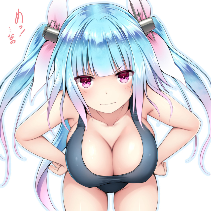 1girl bare_arms bare_shoulders blue_hair blush breasts cleavage eyebrows_visible_through_hair frown gradient_hair groin hair_ornament hair_ribbon hand_on_hip i-19_(kantai_collection) kantai_collection kuromayu large_breasts leaning_forward long_hair looking_at_viewer multicolored_hair one-piece_swimsuit purple_hair red_eyes revision ribbon school_swimsuit simple_background solo swimsuit translation_request tri_tails twitter_username white_background