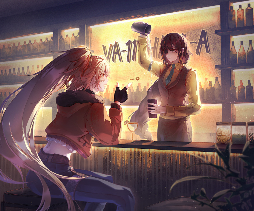 2girls absurdres apron bar_(place) bartender black_apron black_gloves blonde_hair blue_necktie bottle braid brown_hair brown_vest cup dionysianlunar drinking_glass eyepatch fingerless_gloves fur-trimmed_jacket fur_trim girls'_frontline girls'_frontline_neural_cloud gloves highres holding_cocktail_shaker jacket long_hair long_sleeves m16a1_(fairy_kingdom_brew)_(girls'_frontline) m16a1_(girls'_frontline) multicolored_hair multiple_girls necktie open_clothes orange_jacket ponytail shirt smile sol_(neural_cloud) va-11_hall-a vest wine_bottle wine_glass yellow_shirt