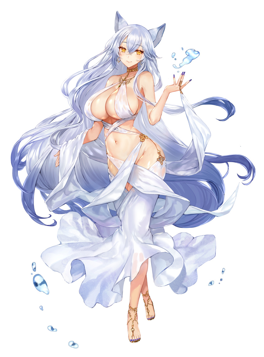 1girl absurdres animal_ears apt bangs breasts choker cleavage commission earrings eyebrows_visible_through_hair hair_between_eyes highres jewelry large_breasts long_hair navel original revealing_clothes sandals silver_hair solo very_long_hair white_background yellow_eyes