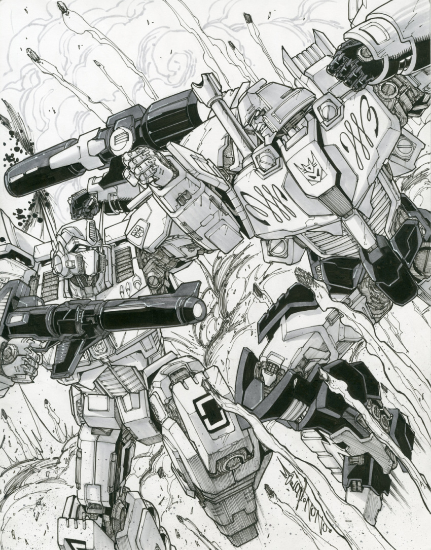 2boys alex_milne arm_cannon autobot clenched_hands commission dated decepticon explosion fighting gun highres holding holding_gun holding_weapon looking_down mecha megatron monochrome multiple_boys no_humans open_mouth optimus_prime traditional_media transformers weapon white_eyes