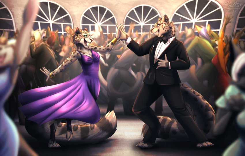 anthro artwork_(digital) ballroom bethesda_softworks clothed clothing commission_art cute_face dancing digital_drawing_(artwork) digital_media_(artwork) disney duo fabienne_growley fallout felid female group happy leopard love male mammal nate_(fallout) night pantherine party paws snow_leopard sunny_way survivor video_games zootopia