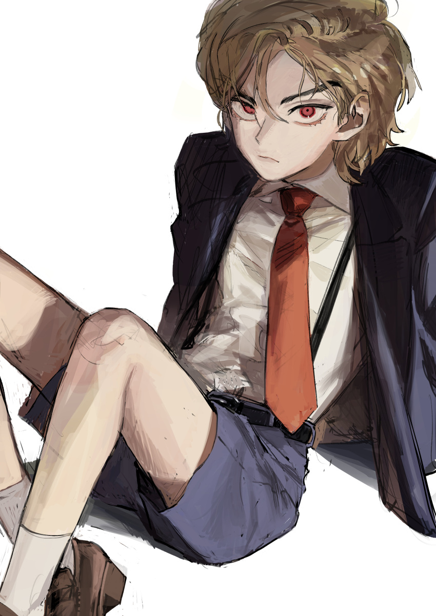 1boy absurdres aged_down belt black_belt blonde_hair blue_jacket blue_shorts brown_shoes child dio_brando dress_shirt frown hair_behind_ear hair_between_eyes highres jacket jewangchobab jojo_no_kimyou_na_bouken looking_at_viewer male_focus necktie phantom_blood red_eyes red_necktie shirt shoes short_hair shorts sketch socks solo suspenders white_shirt white_socks