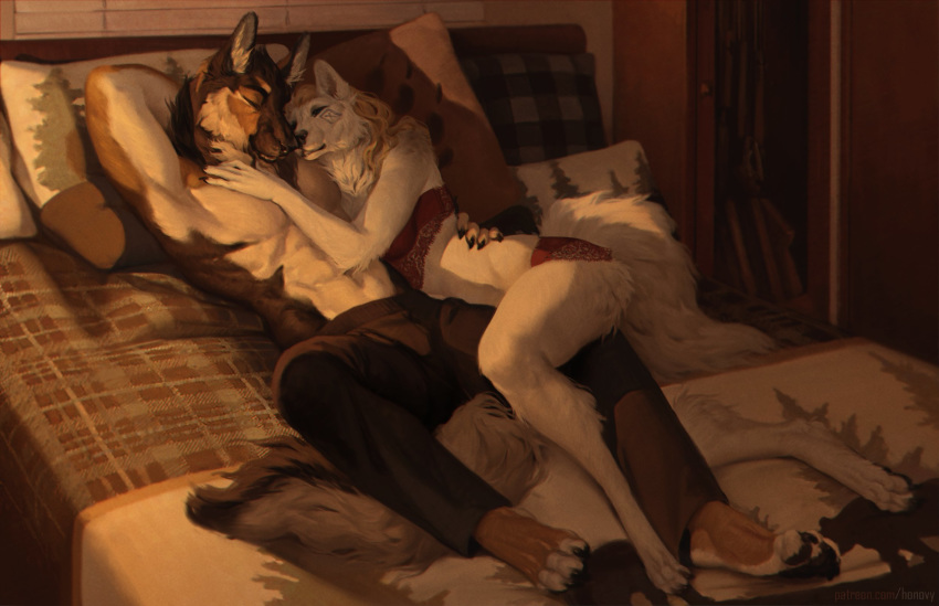 anthro bed canid canine canis domestic_dog duo female fur furniture german_shepherd herding_dog hi_res honovy male male/female mammal muscular pastoral_dog topless_male wolf