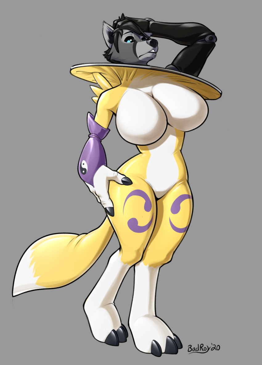 absurd_res anthro badroy big_breasts bound breasts canid canine canis clothing digimon digimon_(species) encasement hal_greaves hi_res hoop huge_breasts male mammal renamon rubber solo suit transformation wolf