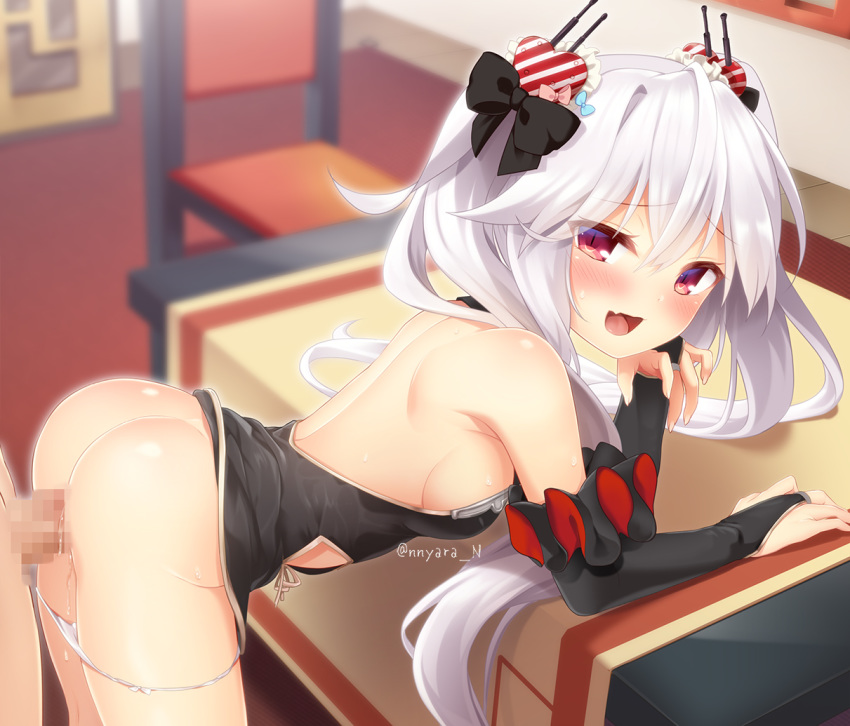 1girl against_table azur_lane bangs black_bow black_dress blush bow breasts bridal_gauntlets censored chair china_dress chinese_clothes clothed_sex doggystyle dress eyebrows_visible_through_hair hair_ornament hand_on_own_face heart heart_hair_ornament long_hair mosaic_censoring nnyara no_wings panties penis red_eyes sex sex_from_behind short_dress sideboob sleeveless sleeveless_dress small_breasts table twintails underwear vampire_(azur_lane) vampire_(the_breath_of_spring)_(azur_lane) white_hair white_panties