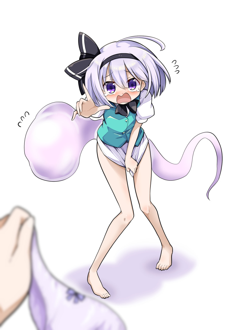 1girl absurdres ahoge ascot bangs bare_legs barefoot black_bow black_hairband black_ribbon blush bob_cut bottomless bow bow_panties bowtie clothes_theft collared_shirt futa_(nabezoko) green_vest hair_ribbon hairband highres konpaku_youmu konpaku_youmu_(ghost) panties puffy_short_sleeves puffy_sleeves pulling purple_eyes ribbon shirt short_hair short_sleeves silver_hair tearing_up theft touhou underwear underwear_theft vest white_shirt