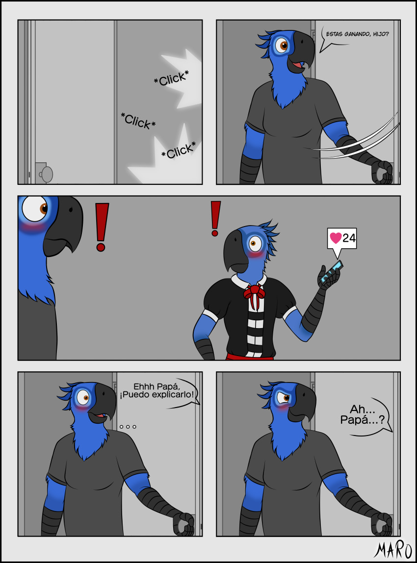 2020 absurd_res anthro avian beak bird black_border blu_(rio) blue_body blue_feathers blue_macaw blue_sky_studios border cellphone clothing comic digital_media_(artwork) duo father feathers girly hi_res imminent_incest imminent_sex macaw maid_uniform male male/male marothedarkrabbit_(artist) neotropical_parrot parent parrot phone rio_(series) simple_background smile son spanish_text text tiago_(rio) tongue true_parrot uniform young