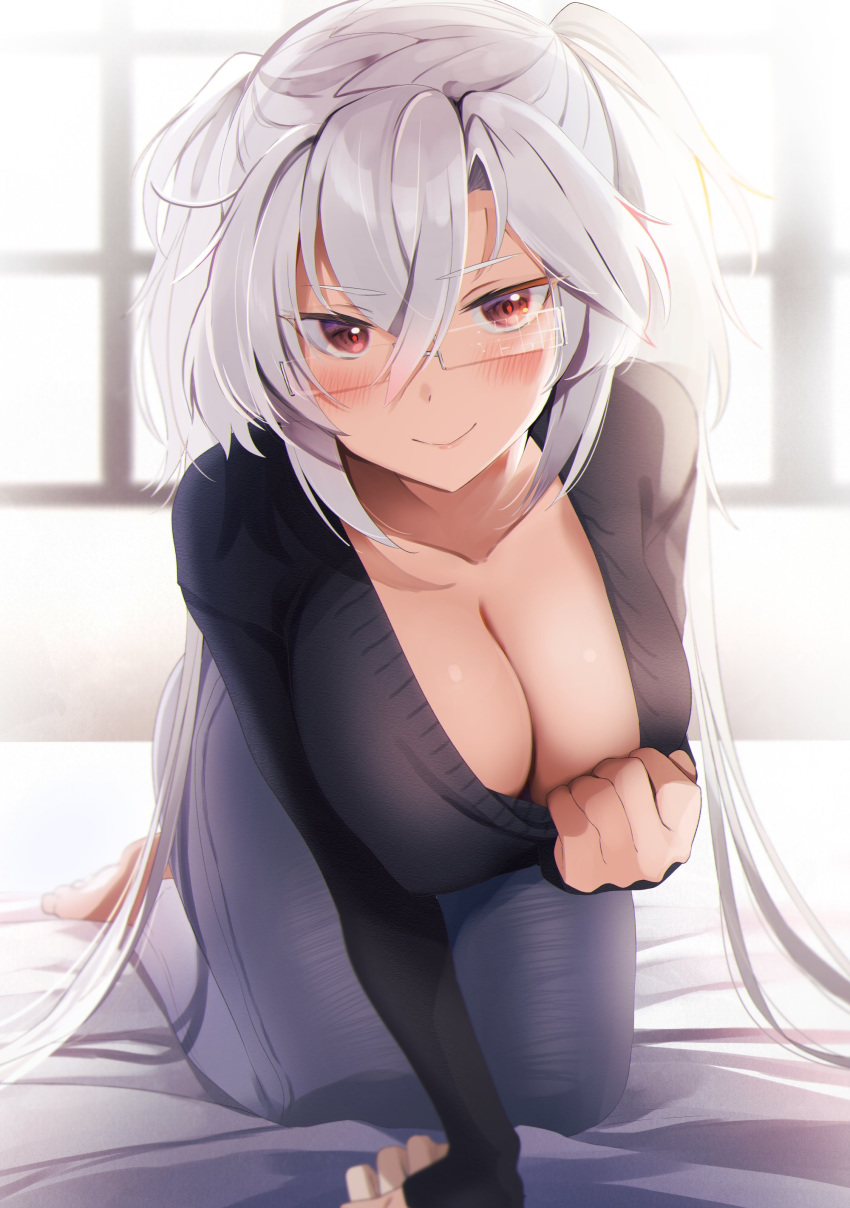 1girl absurdres alternate_costume bed bed_sheet black_sweater breasts cleavage collarbone dark_skin dark_skinned_female denim glasses hair_between_eyes highres indoors jeans kantai_collection large_breasts light_blush light_brown_hair long_hair long_sleeves musashi_(kantai_collection) pants pulled_by_self red_eyes semi-rimless_eyewear shirt_pull short_hair_with_long_locks silver-framed_eyewear smile solo sweater under-rim_eyewear yunamaro