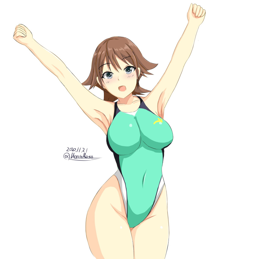 1girl aqua_swimsuit arms_up breasts brown_hair clenched_hand commentary_request competition_swimsuit covered_navel dated flipped_hair green_eyes hiei_(kantai_collection) highres impossible_clothes impossible_swimsuit kantai_collection large_breasts looking_at_viewer montemasa one-piece_swimsuit short_hair simple_background solo swimsuit twitter_username white_background