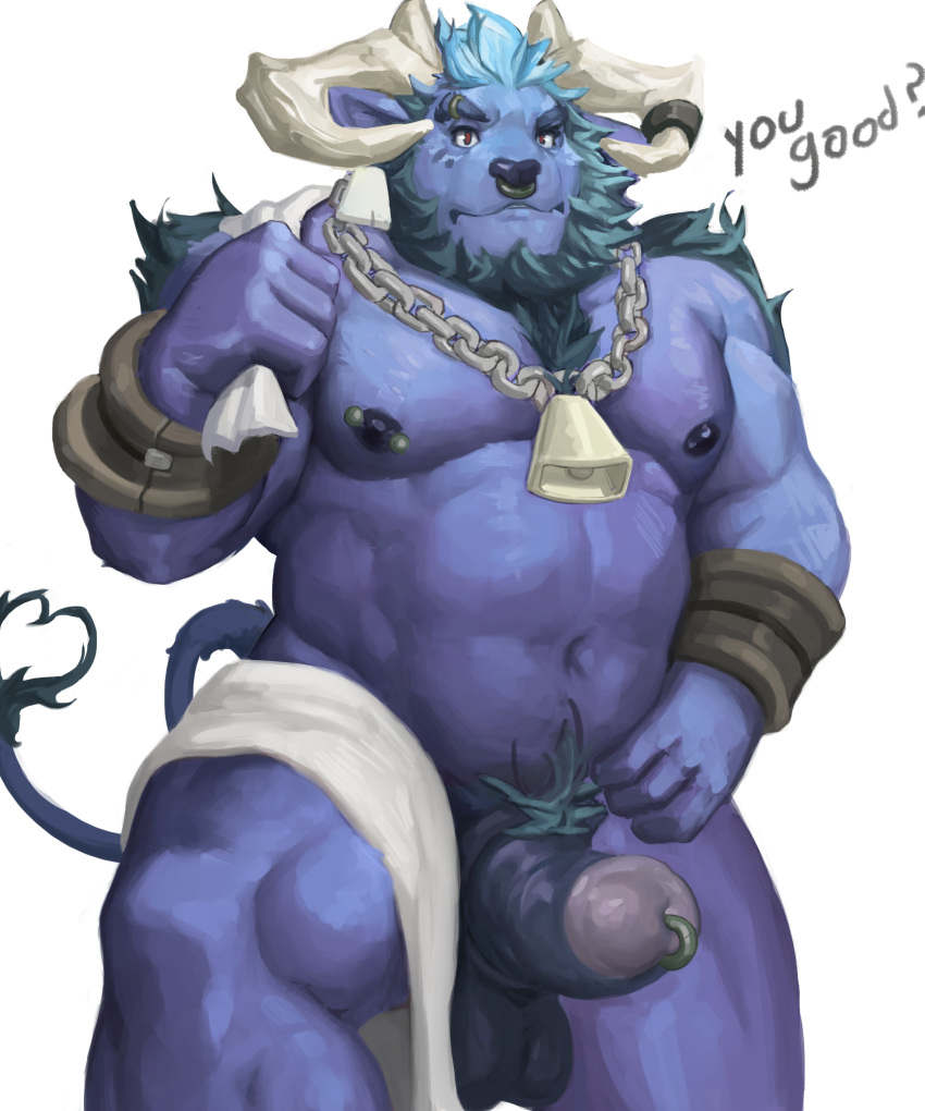 absurd_res alistar_(lol) anthro armor balls black_nipples blue_body blue_fur bovid bovine bracers cattle chest_tuft crotch_tuft english_text front_view fur genital_piercing genitals hi_res humanoid_genitalia humanoid_penis league_of_legends male mammal mane musclegut nipple_barbell nipples pecs penis penis_piercing piercing portrait prince_albert_piercing riot_games simple_background solo text thick_penis three-quarter_portrait towel towel_around_neck tuft video_games vincethetiger white_background