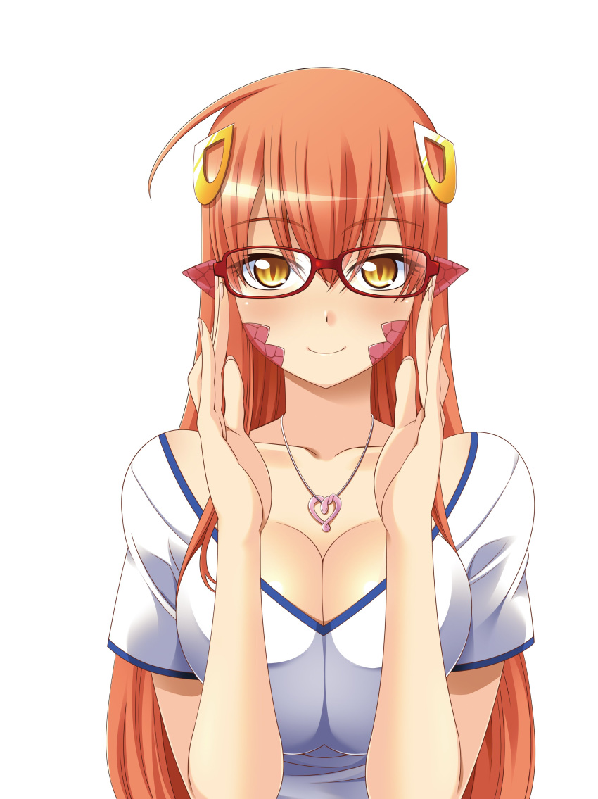 1girl absurdres adjusting_eyewear bespectacled breasts cleavage closed_mouth collarbone eyebrows_visible_through_hair glasses hair_between_eyes hair_ornament hairclip highres jewelry large_breasts long_hair looking_at_viewer miia_(monster_musume) monster_girl monster_musume_no_iru_nichijou necklace official_art okayado pointy_ears red_hair scales shirt short_sleeves simple_background slit_pupils smile solo upper_body white_background white_shirt yellow_eyes