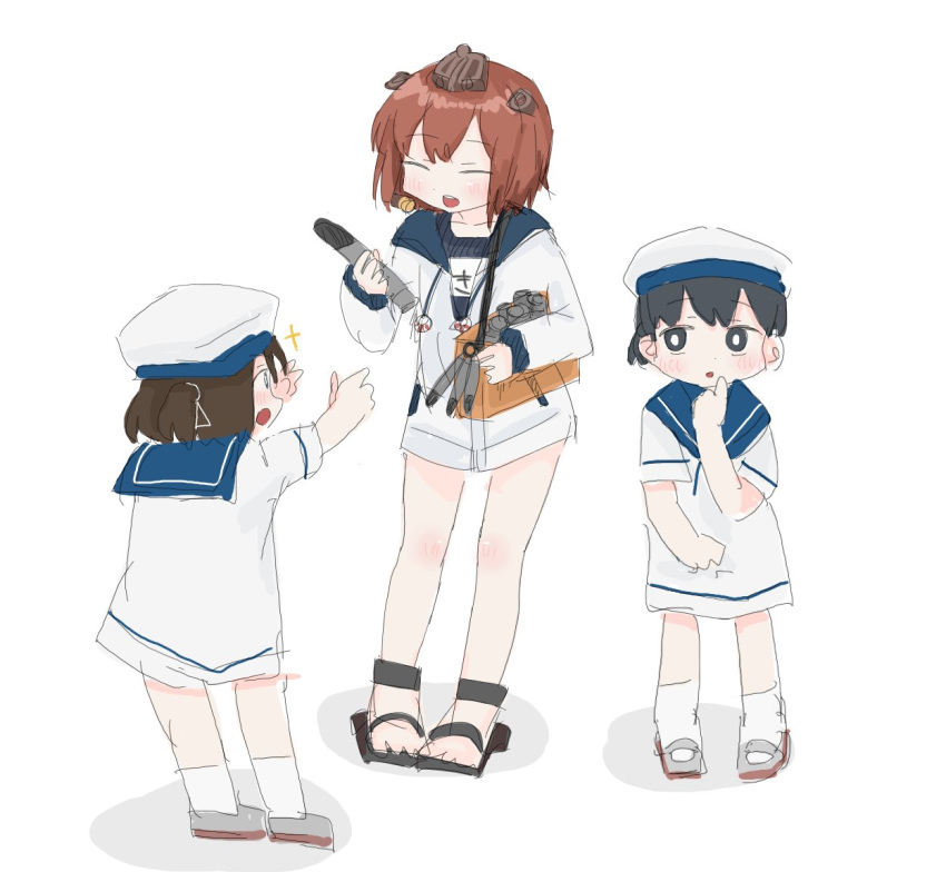 3girls bag black_eyes black_hair black_swimsuit bob_cut brown_hair closed_eyes commentary_request daitou_(kantai_collection) dress full_body hat headgear headset hiburi_(kantai_collection) high_ponytail hood hooded_jacket hoodie jacket kantai_collection low_ponytail multiple_girls name_tag sailor_collar sailor_dress sailor_hat sandals school_swimsuit shoes short_hair short_sleeves sidelocks socks speaking_tube_headset swimsuit torpedo uwabaki wateru white_dress white_jacket white_legwear yukikaze_(kantai_collection)