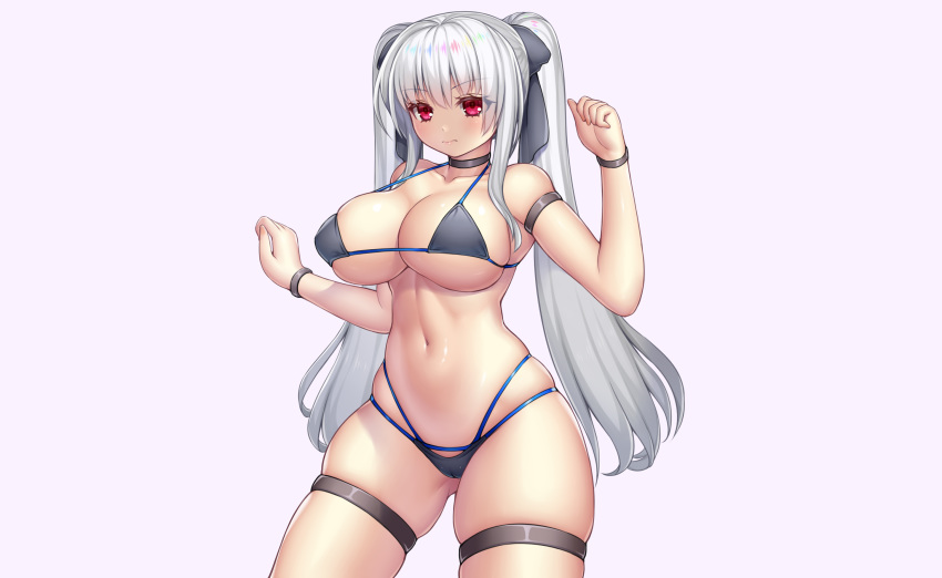 asamura_hiori bikini bow breasts cameltoe choker cleavage garter gray long_hair original red_eyes swimsuit twintails underboob white_hair wristwear