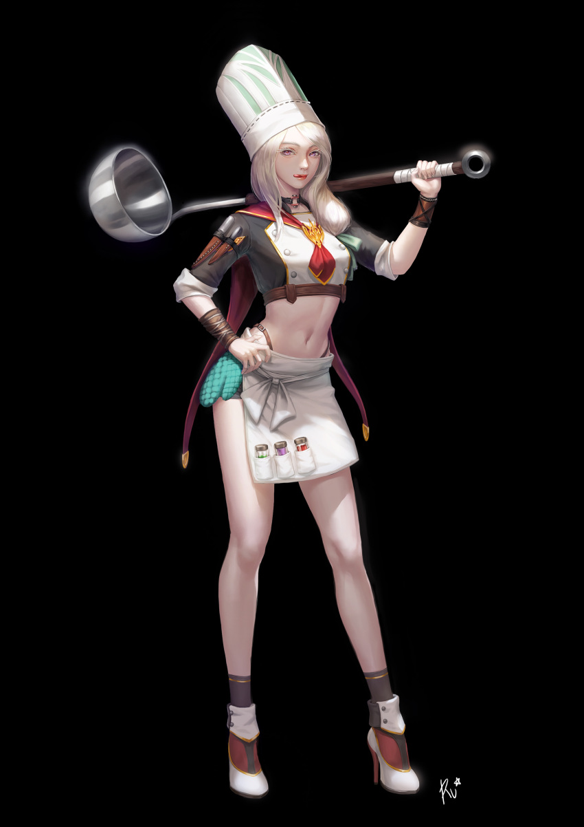 1girl absurdres apron black_background black_legwear bottle chef_hat colored_eyelashes crop_top full_body hand_on_hip hat high_heels highres holding knife ladle long_hair looking_at_viewer navel original oven_mitts oversized_object purple_eyes revision sheath sheathed shoes signature socks solo standing tongue tongue_out w_ruwaki waist_apron white_apron