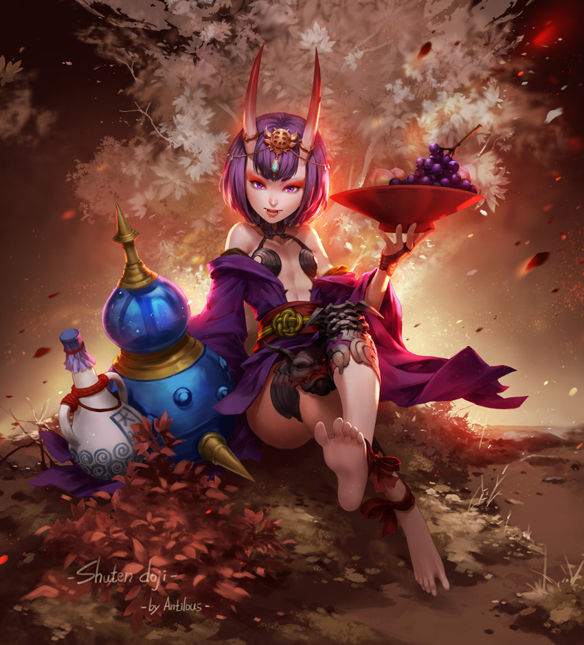 1girl ankle_ribbon antilous autumn autumn_leaves barefoot bottle circlet crossed_legs cup eyeliner fangs fate/grand_order fate_(series) feet fingerless_gloves flat_chest food fruit fruit_bowl gloves gourd grapes highres horns japanese_clothes kimono leaf_pile makeup off_shoulder oni purple_hair ribbon sakazuki sake_bottle short_hair shuten_douji_(fate/grand_order) sitting soles toes tree