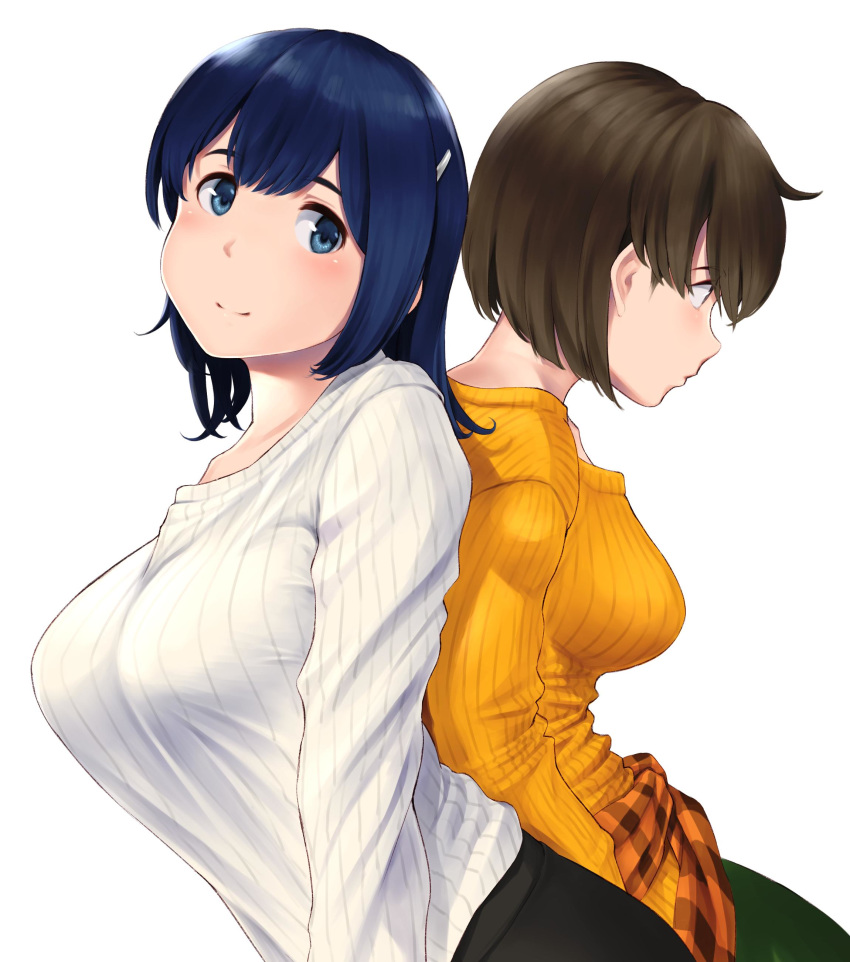 2girls absurdres alternate_costume back-to-back black_pants blue_eyes blue_hair blush breasts brown_hair brown_jacket casual clothes_around_waist green_pants hair_down hair_ornament hairclip highres hiryuu_(kantai_collection) jacket jacket_around_waist kantai_collection large_breasts looking_at_viewer looking_away multiple_girls official_alternate_costume one_side_up orange_sweater pants plaid_jacket ribbed_sweater short_hair simple_background smile souryuu_(kantai_collection) sweater upper_body wa_(genryusui) white_background white_sweater