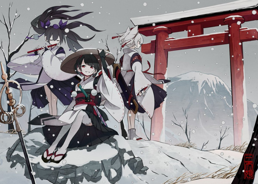 3girls animal_ears architecture black_hair black_skirt brown_headwear closed_eyes commentary_request east_asian_architecture fami_(yellow_skies) flute geta grin hat himekaidou_hatate instrument inubashiri_momiji kourindou_tengu_costume long_hair long_sleeves looking_afar looking_at_viewer mountain multiple_girls music overcast planted_sword planted_weapon playing_instrument pleated_skirt profile purple_headwear red_eyes red_headwear shameimaru_aya sheath sheathed short_hair sitting skirt sky smile snowing socks standing sword tassel thighhighs tokin_hat touhou weapon white_hair white_legwear wide_sleeves wolf_ears