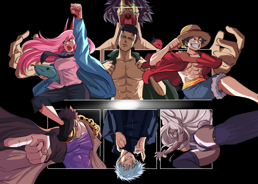 +_+ 2girls 4boys abs animal_ears arm_up bare_arms bare_pecs bare_shoulders black_eyes black_hair boku_no_hero_academia brown_hair bunny_ears bunny_tail character_request clenched_hand closed_mouth coat copyright_request crescent_print crossover dark_skin dark_skinned_female fang fish floating_hair foot_on_head fur-trimmed_shorts fur_collar fur_trim gakuran glowing glowing_eyes green_eyes grey_eyes grey_hair grin half-closed_eyes hat head_tilt highres jojo_no_kimyou_na_bouken kicking kuujou_joutarou leotard long_hair long_sleeves looking_at_viewer looking_to_the_side mirko monkey_d_luffy multiple_boys multiple_crossover multiple_girls muscle necktie one_piece open_clothes open_mouth outstretched_arm pants pectorals pink_eyes pink_hair pointing rabbit_girl red_eyes rogue_titan scar school_uniform shingeki_no_kyojin shirt shoes short_hair shorts six_fanarts_challenge smile stardust_crusaders straw_hat superhero tail taut_leotard teeth tina_fate upside-down v-shaped_eyebrows