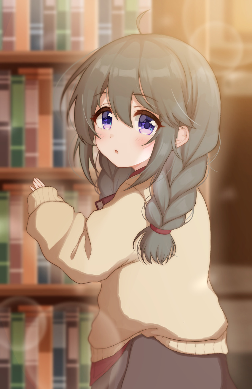 absurdres ahoge book bookshelf braid eyebrows_visible_through_hair hair_ornament hair_over_shoulder highres hokutoro64 lens_flare light_brown_hair long_hair long_sleeves looking_at_viewer open_mouth princess_connect! princess_connect!_re:dive purple_eyes sidelocks sleeves_past_wrists sweater twin_braids yuni_(princess_connect!) yuni_(real)_(princess_connect!)