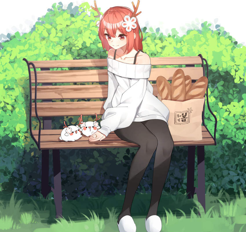 1girl antlers bag baguette bangs bench black_legwear bread brown_hair bush clip_studio_paint_(medium) closed_mouth collarbone eyebrows_visible_through_hair feeding flower food hair_between_eyes hair_flower hair_ornament highres long_hair long_sleeves looking_away looking_down looking_to_the_side off-shoulder_sweater off_shoulder on_bench original pantyhose paper_bag park_bench puffy_long_sleeves puffy_sleeves red_eyes se.a sitting sitting_on_bench sleeves_past_wrists slippers smile solo sweater white_background white_flower white_footwear white_sweater