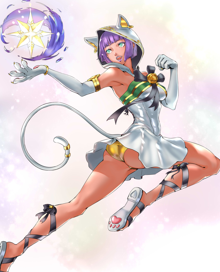 1girl absurdres animal_ears bangs bare_shoulders blunt_bangs bob_cut cross-laced_footwear dark_skin elbow_gloves gloves green_eyes highres kyuuakaku menat panties pantyshot paws purple_hair short_hair simple_background street_fighter street_fighter_v tail underwear white_background