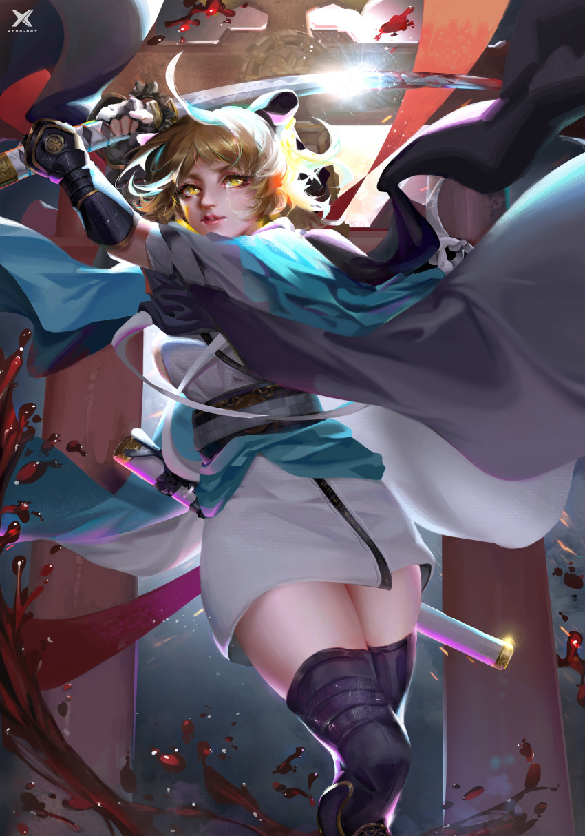 1girl absurdres blonde_hair blood cutting fate/grand_order fate_(series) fighting_stance fingerless_gloves gauntlets gloves glowing glowing_eyes hair_ribbon haori highres japanese_clothes katana kimono okita_souji_(fate) okita_souji_(fate)_(all) ribbon sheath short_kimono shrine slashing starlab sword thighhighs weapon yellow_eyes