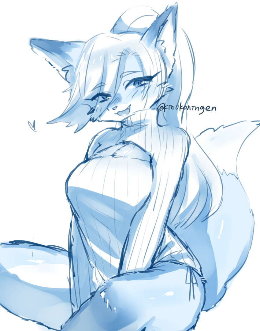 &lt;3 anthro big_breasts biped blue_and_white breasts canid canine cheek_tuft cleavage cleavage_cutout clothed clothing dipstick_ears dipstick_tail eye_through_hair eyelashes facial_tuft female fluffy fox fox's_sister_(kinokoningen) hair hi_res kemono keyhole_turtleneck kinokoningen long_hair looking_at_viewer mammal monochrome monotone_hair multicolored_ears multicolored_tail open_mouth open_smile ponytail ribbed_clothing simple_background sitting smile solo sweater topwear translucent translucent_hair tuft turtleneck two_tone_ears two_tone_tail white_background