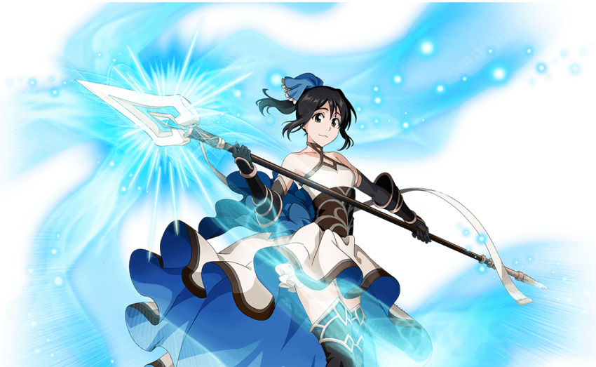 1girl armor bare_shoulders black_hair bleach bodskih breasts brown_eyes choker dress elbow_gloves english_commentary feet_out_of_frame gloves hinamori_momo holding holding_spear holding_weapon looking_at_viewer official_art polearm ponytail small_breasts solo spear thighhighs transparent_background weapon