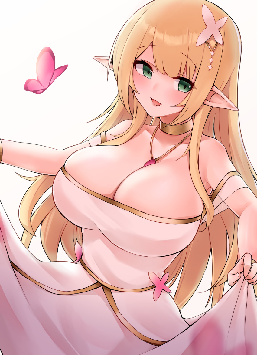 1girl absurdres bangs blonde_hair blush breasts bug butterfly cleavage collarbone commentary_request dress elf eyebrows_visible_through_hair green_eyes highres insect jewelry lagijay large_breasts opera original pointy_ears simple_background smile white_background