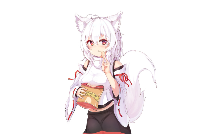 animal_ears blush food genrou_mof inubashiri_momiji japanese_clothes red_eyes short_hair skirt tail touhou white white_hair wolfgirl