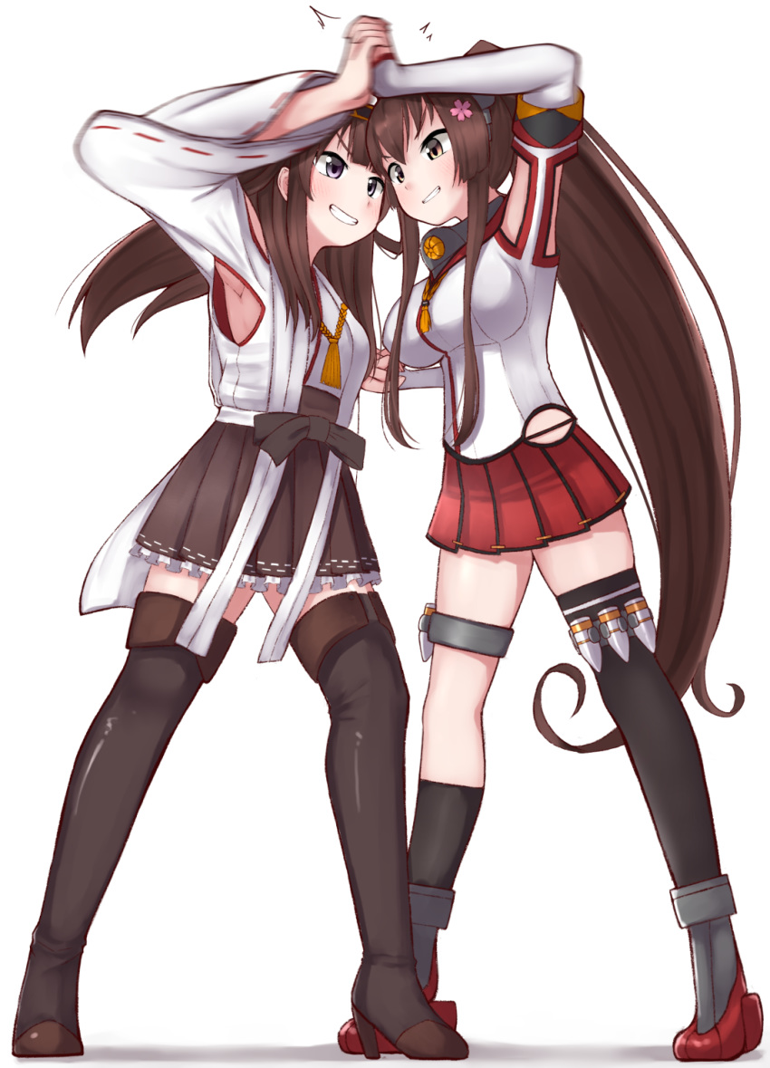 2girls ahoge black_legwear boots brown_hair brown_skirt catfight cherry_blossoms detached_collar detached_sleeves double_bun eye_contact flower grey_eyes hair_flower hair_ornament headgear highres hip_vent japanese_clothes kantai_collection kongou_(kantai_collection) long_hair looking_at_another motion_blur multiple_girls pleated_skirt ponytail red_skirt ribbon-trimmed_sleeves ribbon_trim simple_background single_thighhigh skirt standing thigh_boots thighhighs tiemu_(man190) white_background yamato_(kantai_collection)