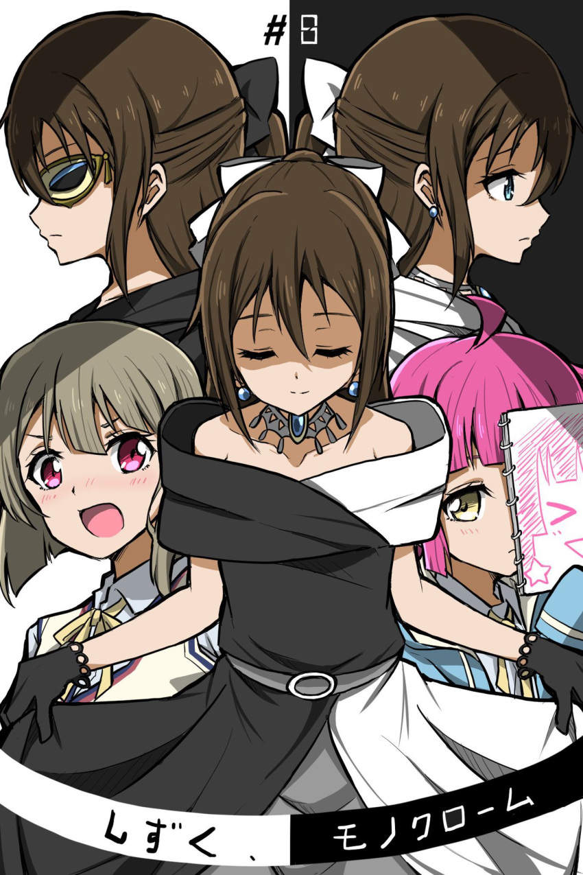 3girls ahoge amatume111 asymmetrical_hair bangs bare_arms bare_shoulders beige_cardigan beige_vest black_bow black_dress black_gloves blue_eyes blue_hoodie blunt_bangs blush board bob_cut bow bow_hairband brown_hair cardigan collarbone collared_shirt dress drop_earrings dual_persona earrings evening_gown gloves grey_hair hair_between_eyes hair_bow hairband half_updo highres holding holding_notebook hood hoodie jewelry lace lace_gloves large_bow long_hair love_live! love_live!_nijigasaki_high_school_idol_club multicolored multicolored_clothes multiple_girls nakasu_kasumi necklace nijigasaki_academy_uniform notebook open_mouth ousaka_shizuku pink_hair red_eyes shirt short_hair sketchbook skirt skirt_lift sleeveless sleeveless_dress tennouji_rina translation_request vest white_bow white_dress white_shirt yellow_bow